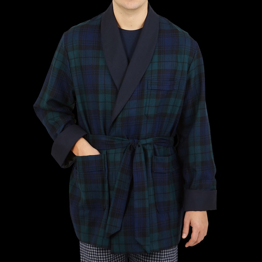 Derek Rose Navy Black Watch Tartan Smoking Jacket Wholesale