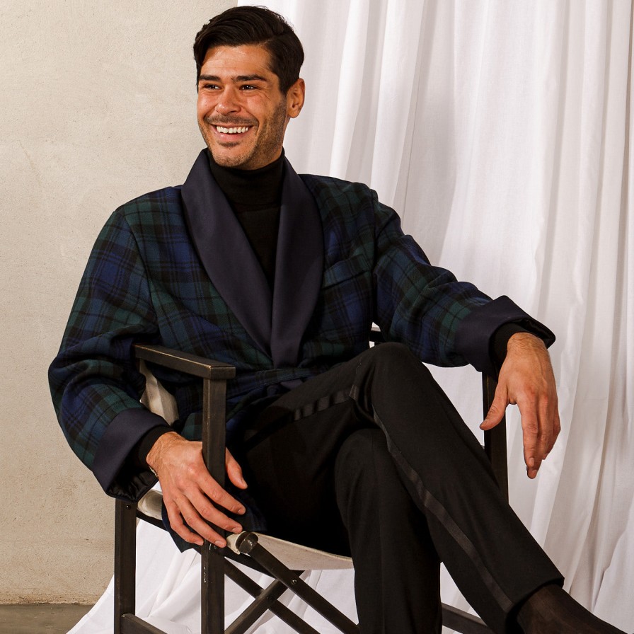 Derek Rose Navy Black Watch Tartan Smoking Jacket Wholesale