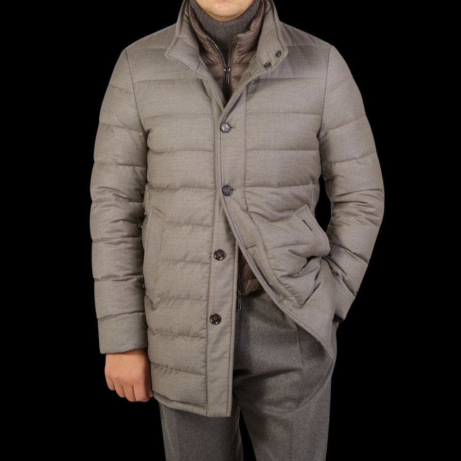 Moorer Taupe Beige Wool Cashmere Down Padded Coat Best