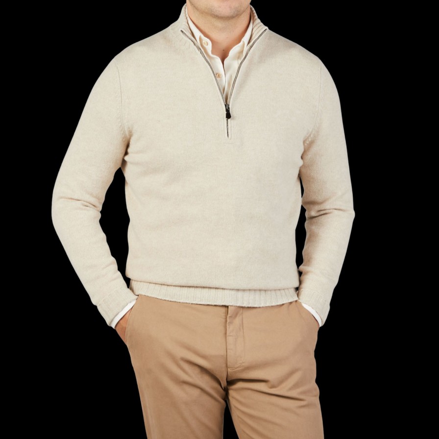 Filippo de Laurentiis Ecru Beige Wool Cashmere 1/4 Zip Sweater Hot