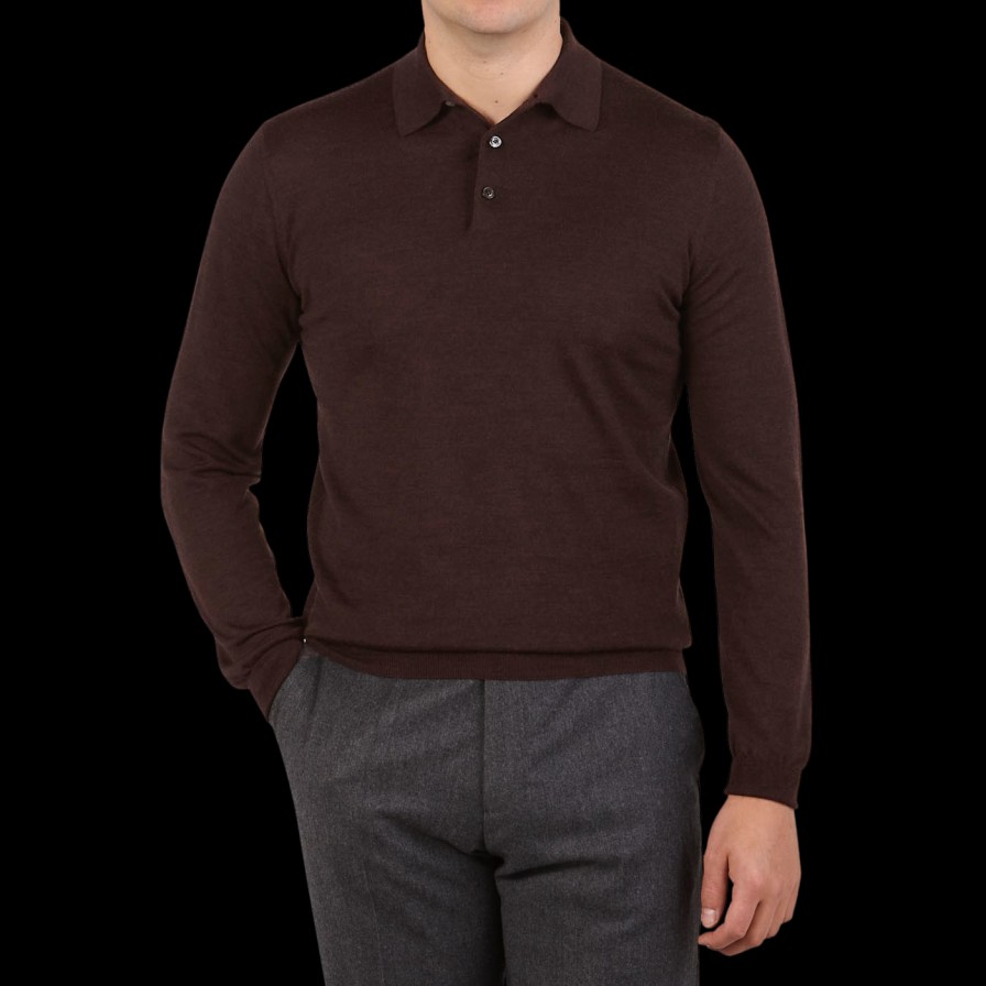 Mauro Ottaviani Brown Melange 16 Gauge Merino Wool Polo Shirt Wholesale