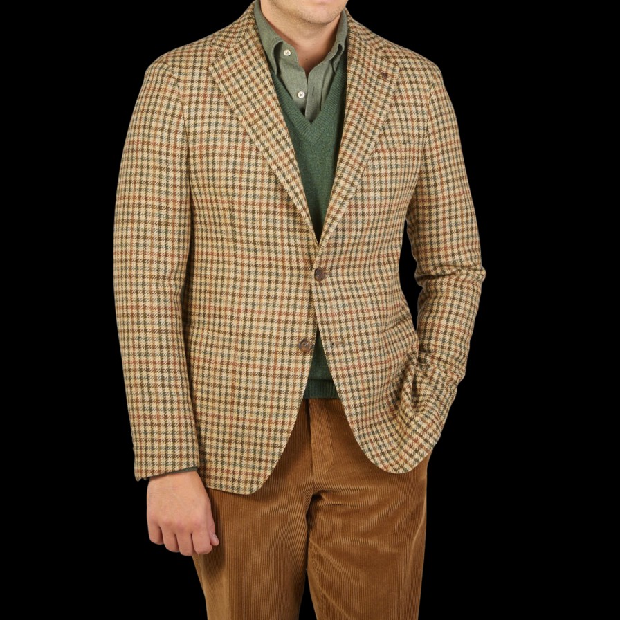 Tagliatore Beige Houndstooth Wool Tweed Vesuvio Blazer Best