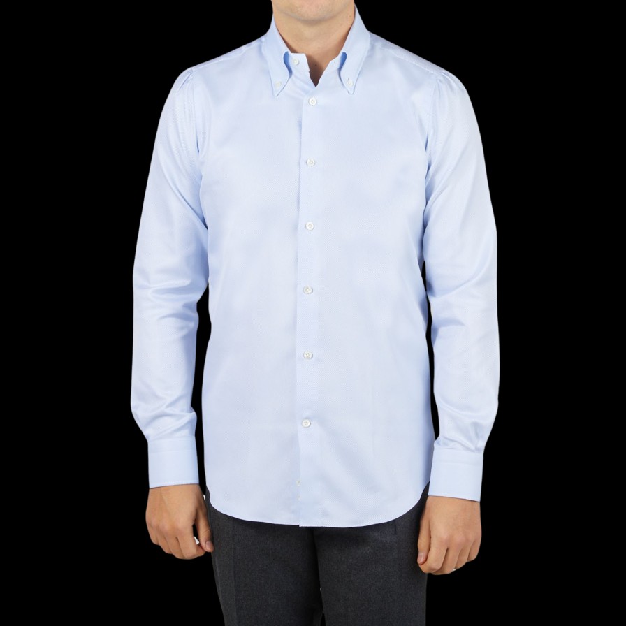 Mazzarelli Light Blue Houndstooth Cotton Bd Slim Shirt Clearance