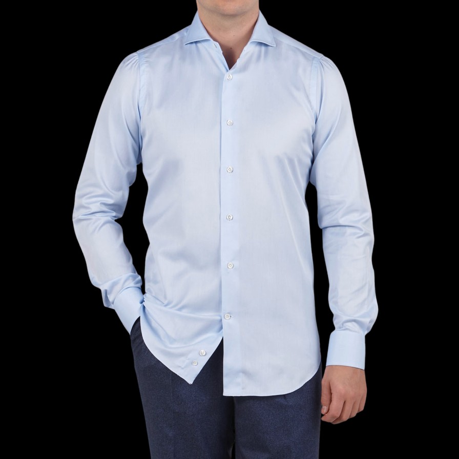 Mazzarelli Light Blue Cotton Twill Cut Away Slim Shirt Best