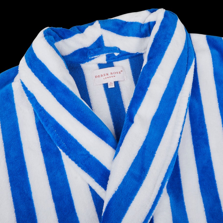 Derek Rose Blue White Striped Cotton Velour Towelling Gown New