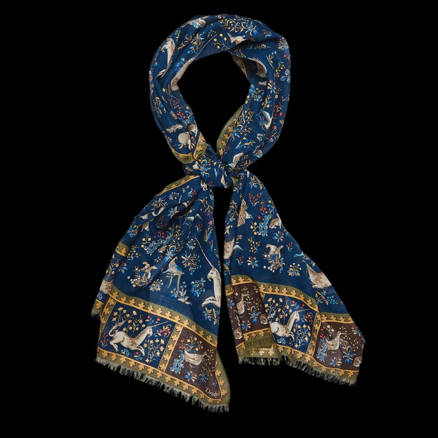 Drake's Blue Wool Silk Unicorn Print Scarf Hot