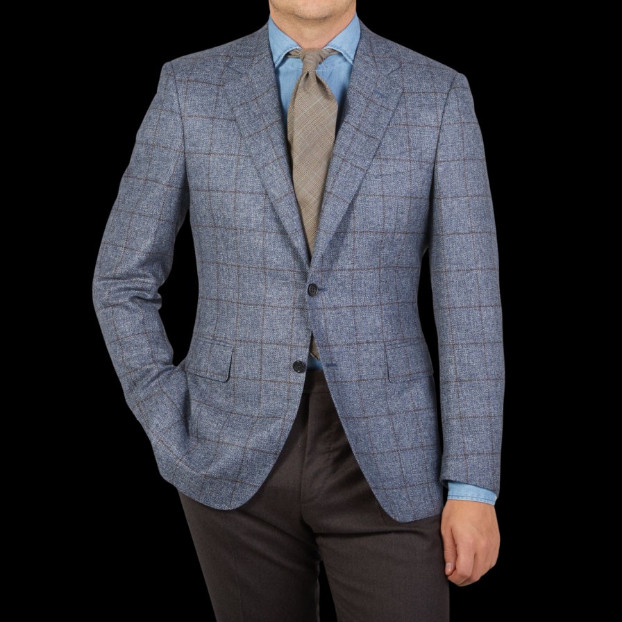 Canali Blue Melange Checked Wool Drop 6 Blazer Hot