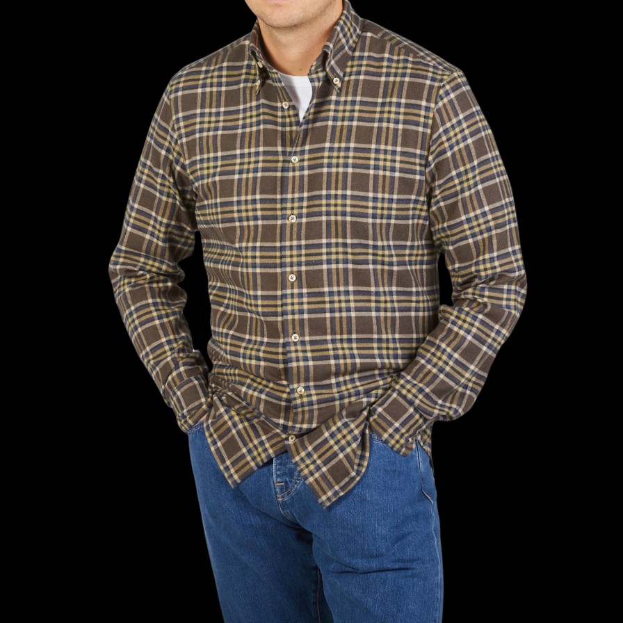 Stenströms Brown Checked Cotton Flannel Fitted Body Shirt Hot