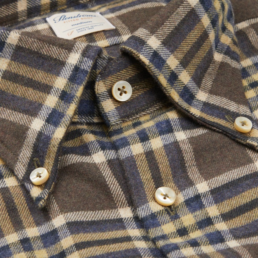 Stenströms Brown Checked Cotton Flannel Fitted Body Shirt Hot