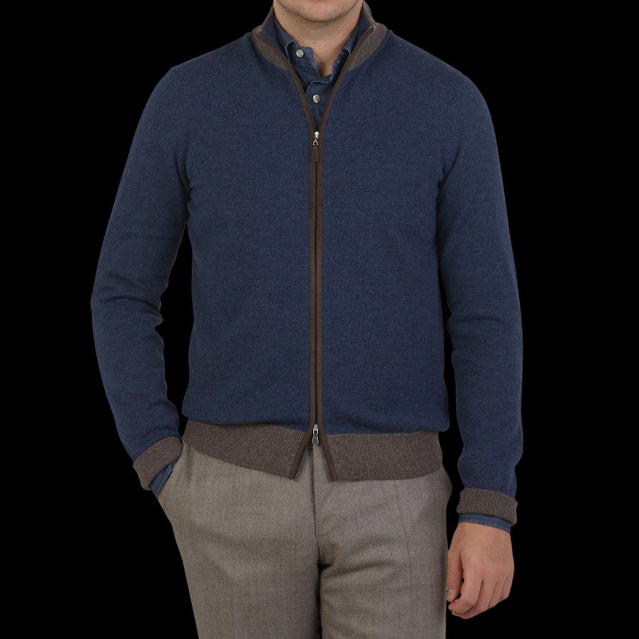 Gran Sasso Blue Melange Wool Cashmere Zip Cardigan Wholesale