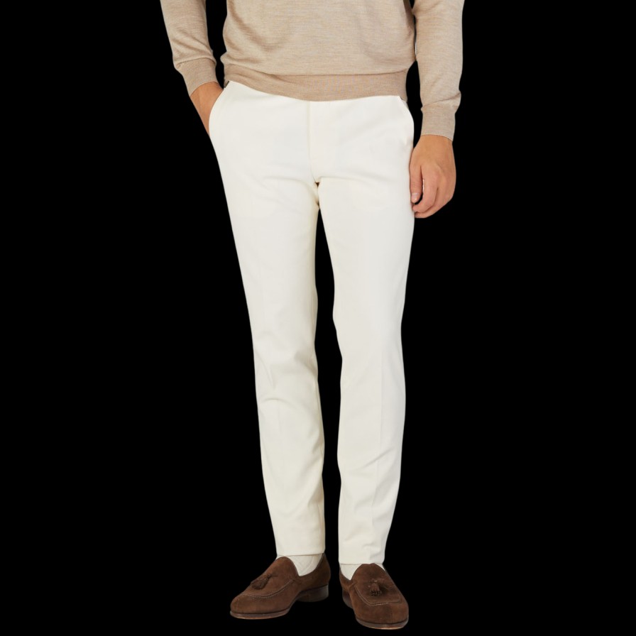 Berwich Cream White Cotton Twill Flat Front Trousers Best