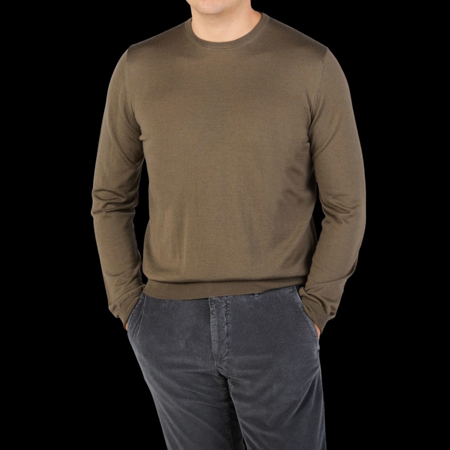 Filippo de Laurentiis Olive Green Super 120S Merino Crew Neck New