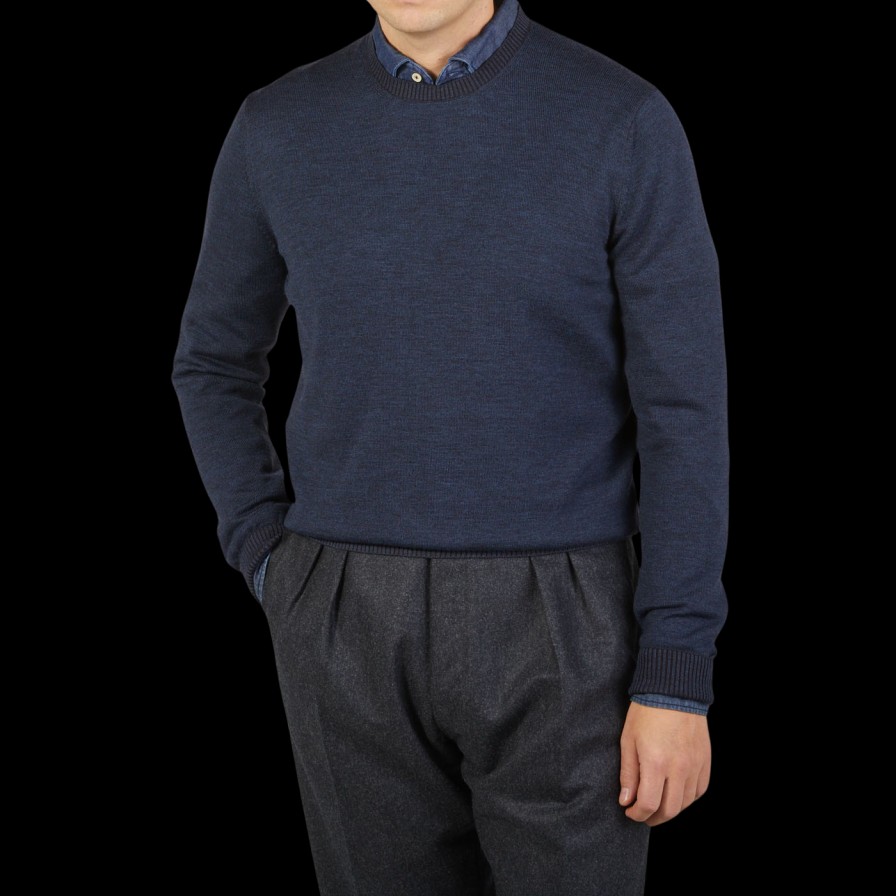 Gran Sasso Dark Blue Bicolour Merino Wool Crewneck Best