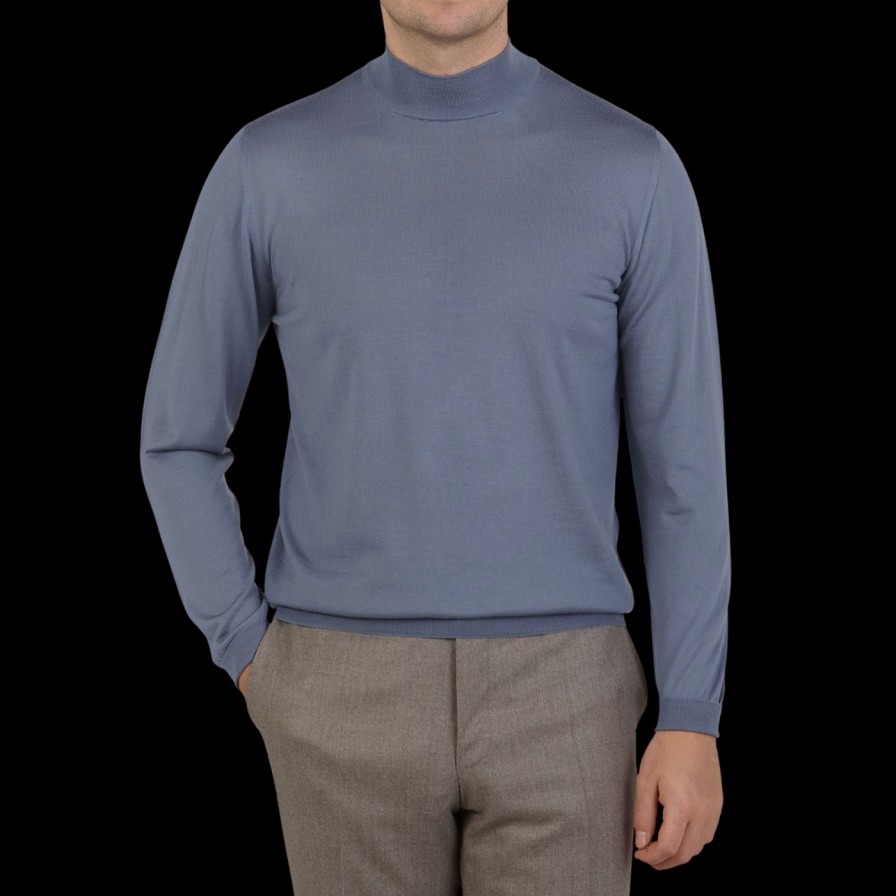 Fedeli Light Blue 140S Wool Mockneck Sweater Online